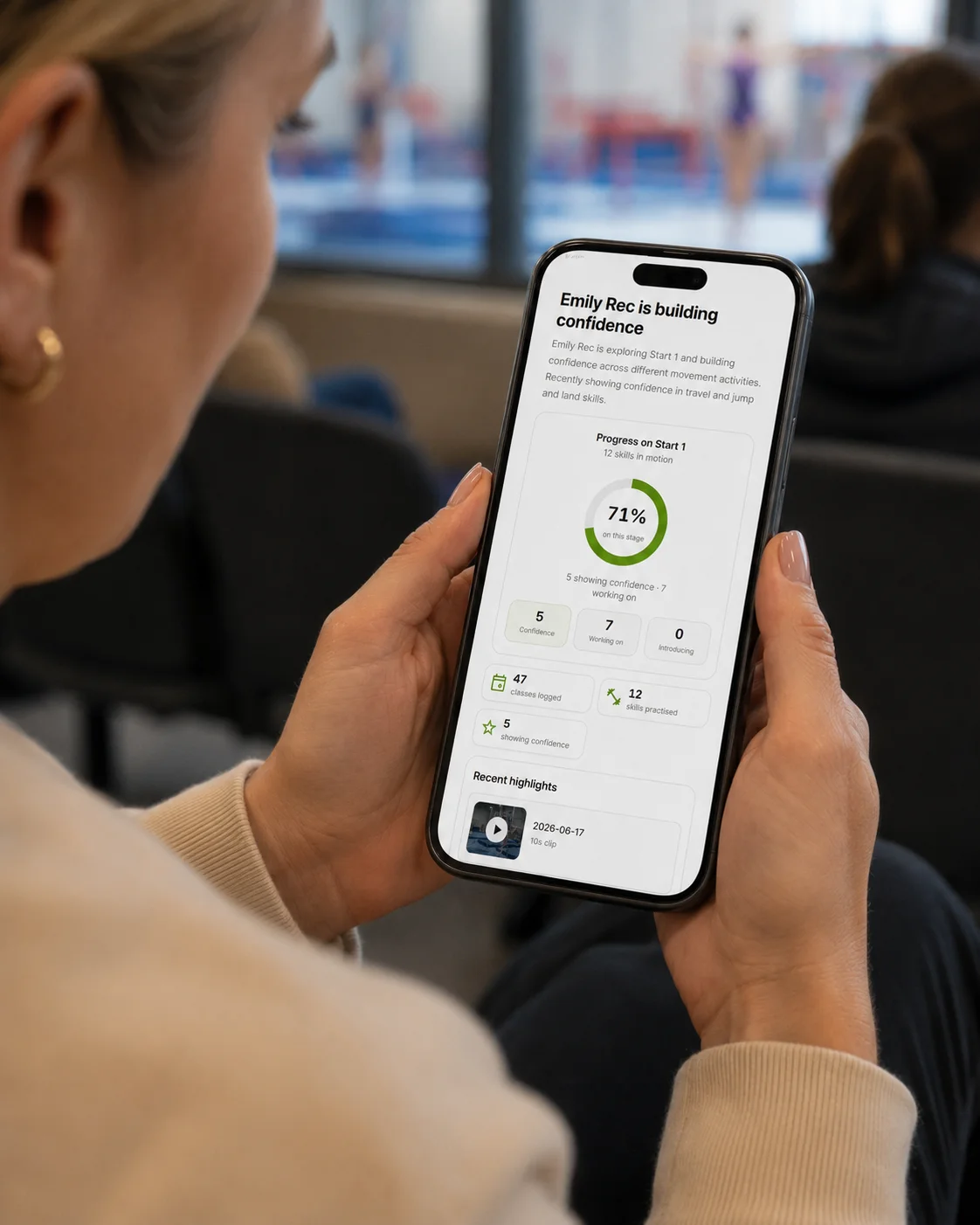 Parent and athlete mobile views showing coach-confirmed progress